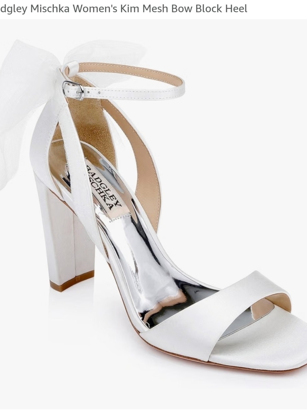 Badgley Mischka White Satin Mesh Bow Block Heel Sandal